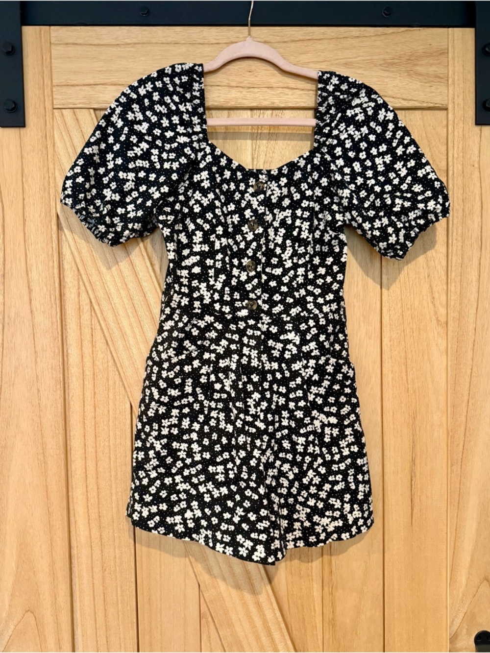 Black Floral Puff-Sleeve Romper